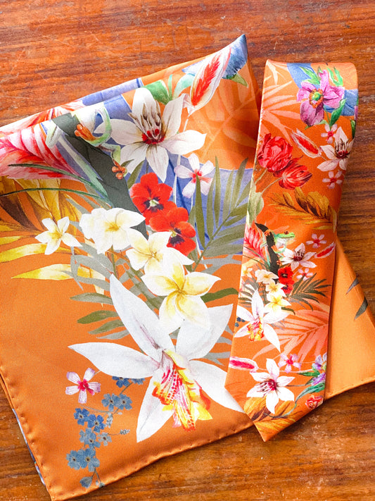 Rust Luxury Silk Pocket Square and tie in Gift set in box, 'Eden' design formal wear for weddings or groomsmen