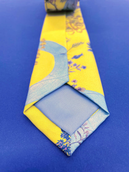 Vibrant yellow and pale blue ‘Luciferin’ floral silk tie – view 3