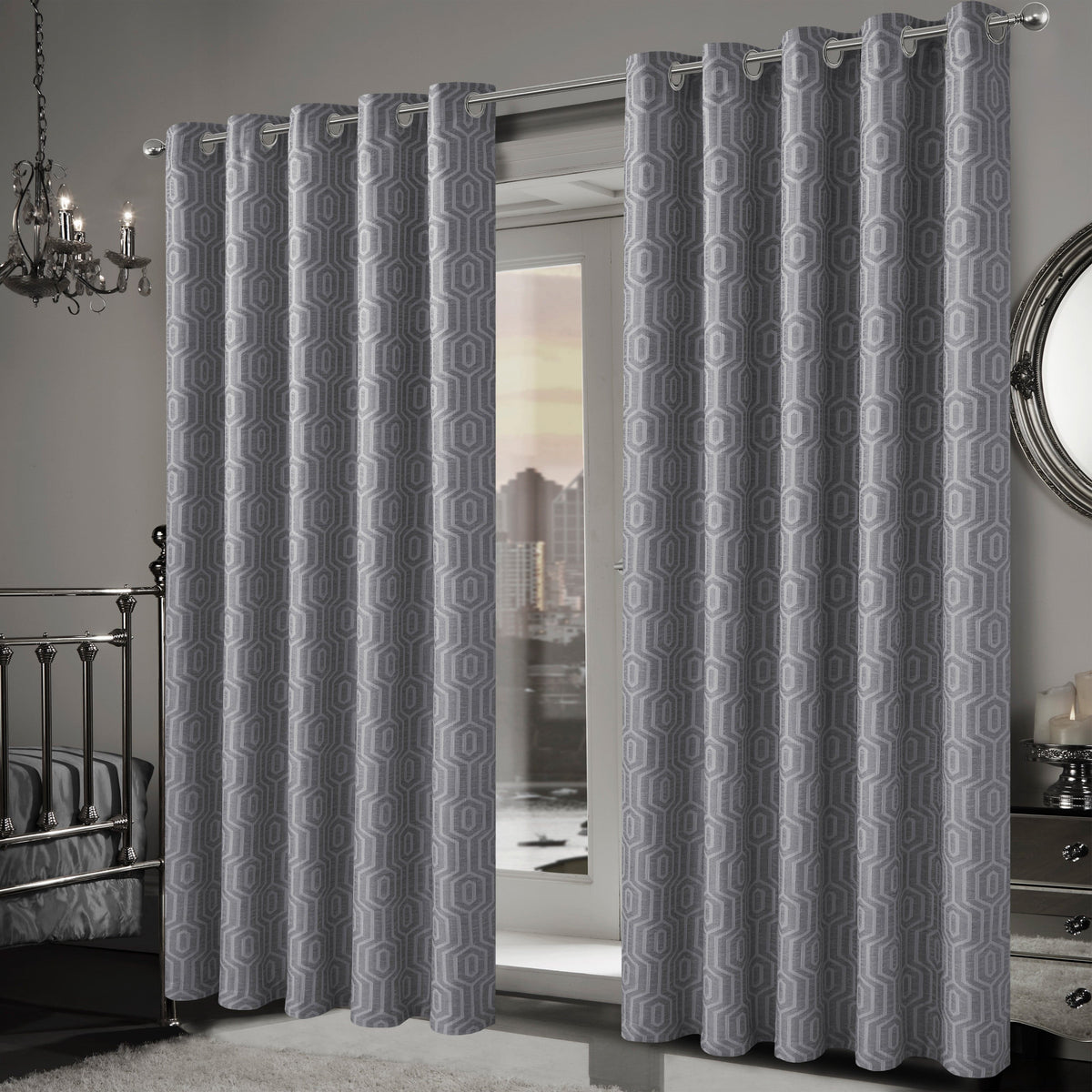 Olivia Rocco Paris Eyelet Jacquard Curtains Grey Geometric Pattern Thermal Insulated – view 2