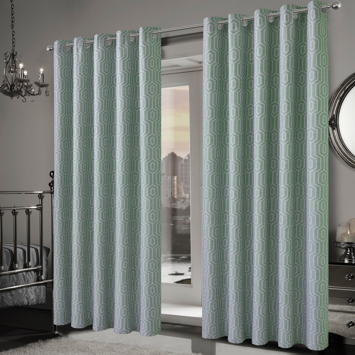 Olivia Rocco Paris Eyelet Jacquard Curtains Sage Green Geometric Pattern Thermal – view 2