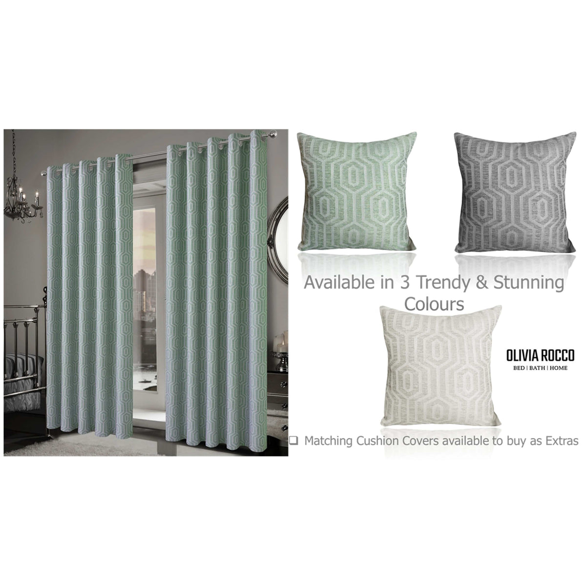 Olivia Rocco Paris Eyelet Jacquard Curtains Sage Green Geometric Pattern Thermal – view 6