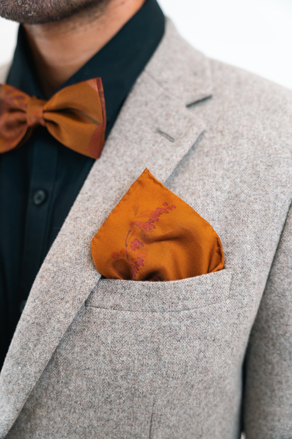 Rust floral Silk Pocket Square and Bow tie in 'Ember' robin print – view 4