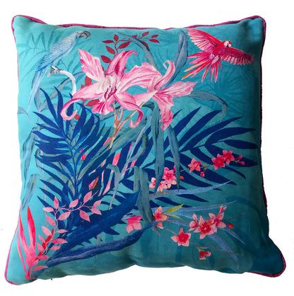 Turquoise tropical watercolour art Cushion 'Jungala' double sided design, made from Vegan friendly Suede – view 6