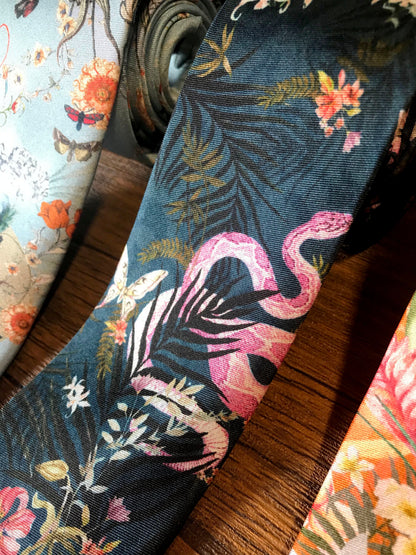 Navy Blue Silk Tie, 'Enticement' Pink Serpent design and tropical flowers – view 7
