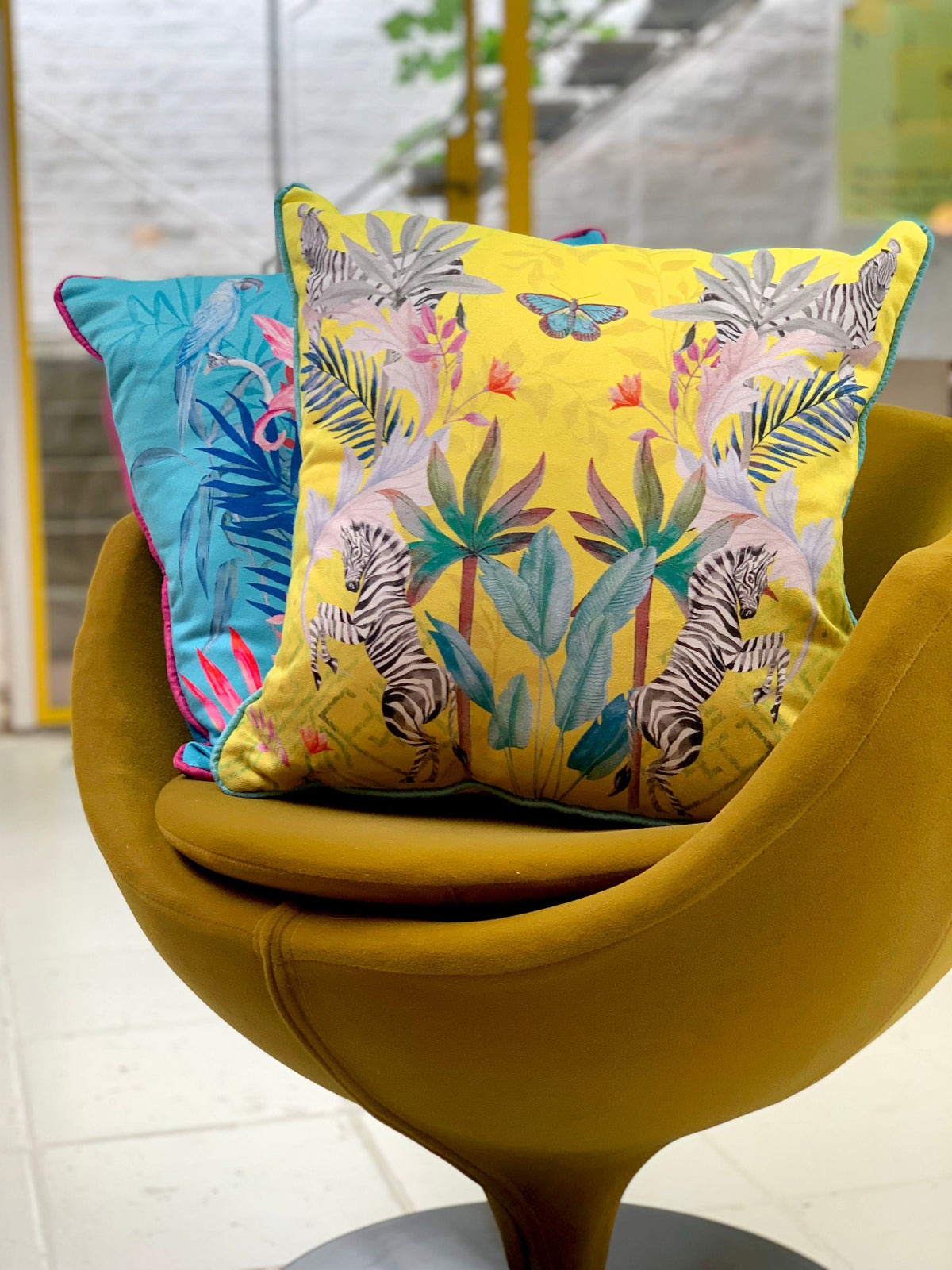 Vibrant citrus yellow watercolour art Cushion 'Stallion' double sided Zebra design, made from Vegan friendly S – view 6