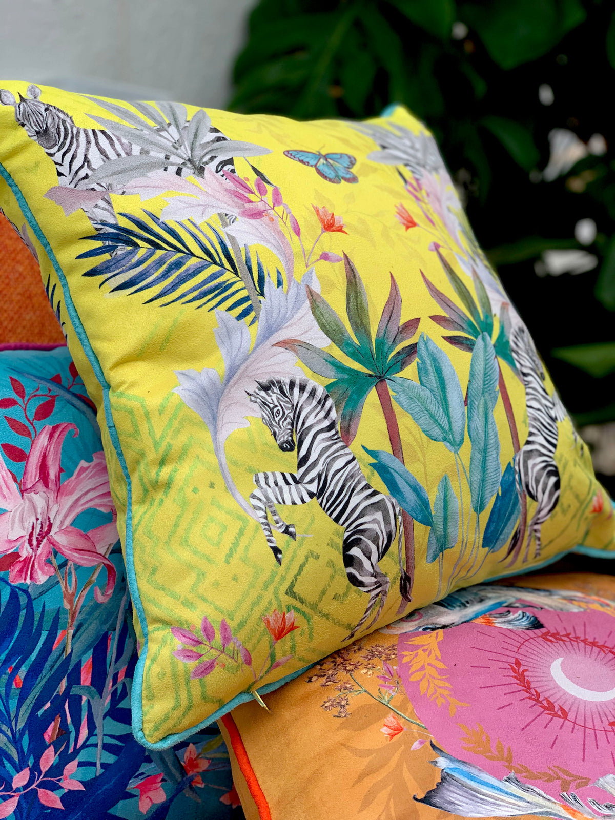 Vibrant citrus yellow watercolour art Cushion 'Stallion' double sided Zebra design, made from Vegan friendly S – view 4