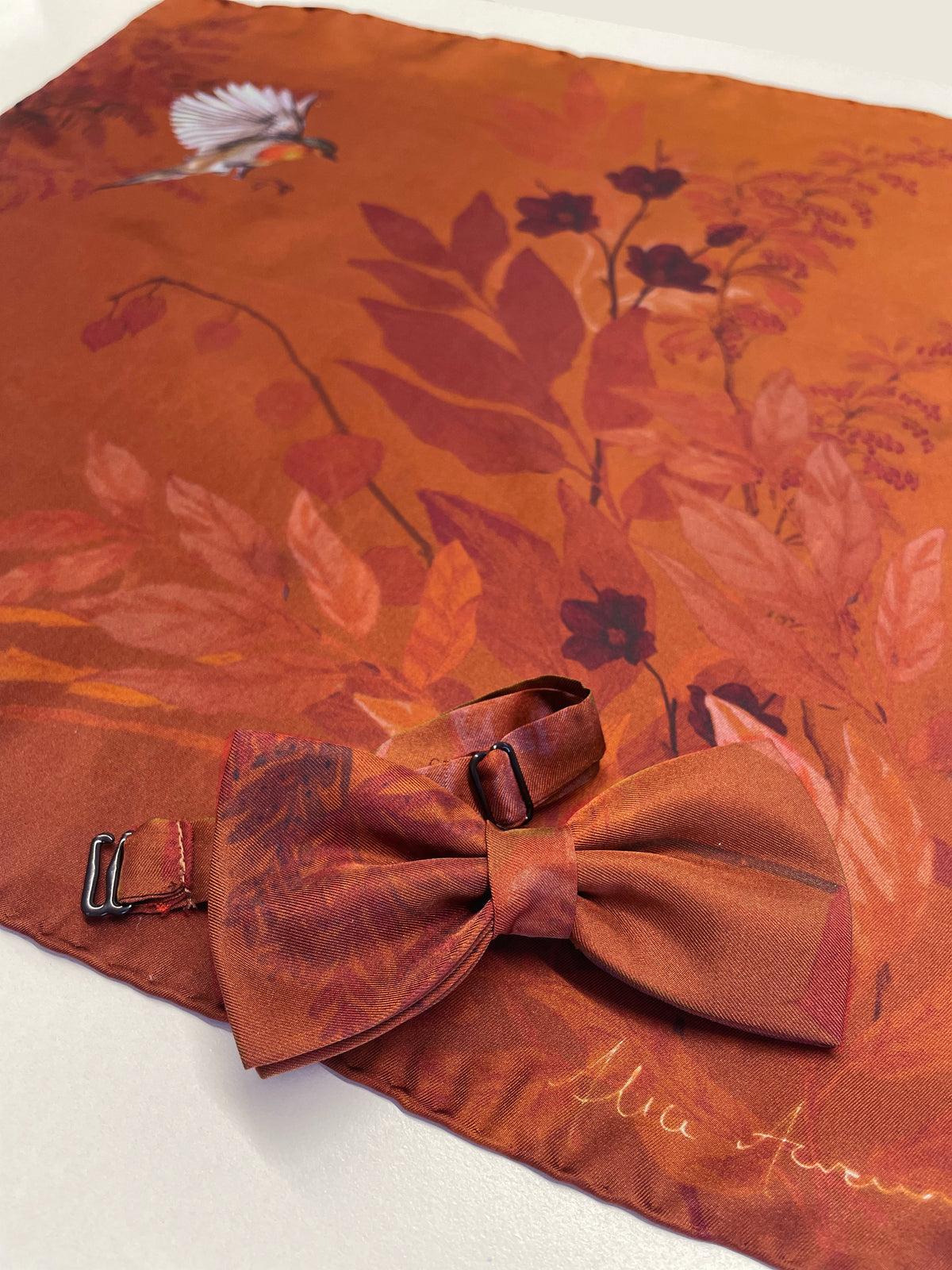 Rust floral Silk Pocket Square and Bow tie in 'Ember' robin print – view 2