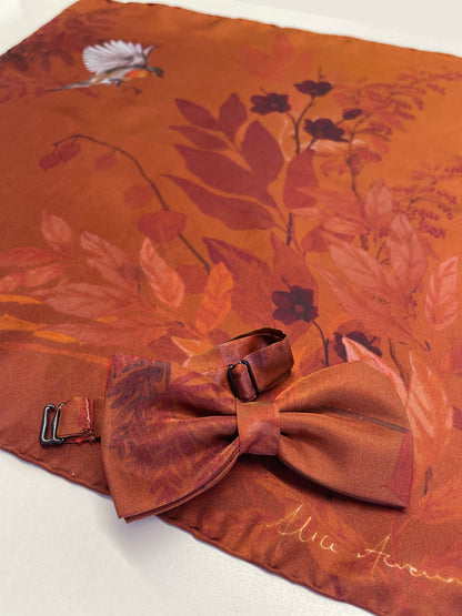 Rust floral Silk Pocket Square and Bow tie in 'Ember' robin print – view 2