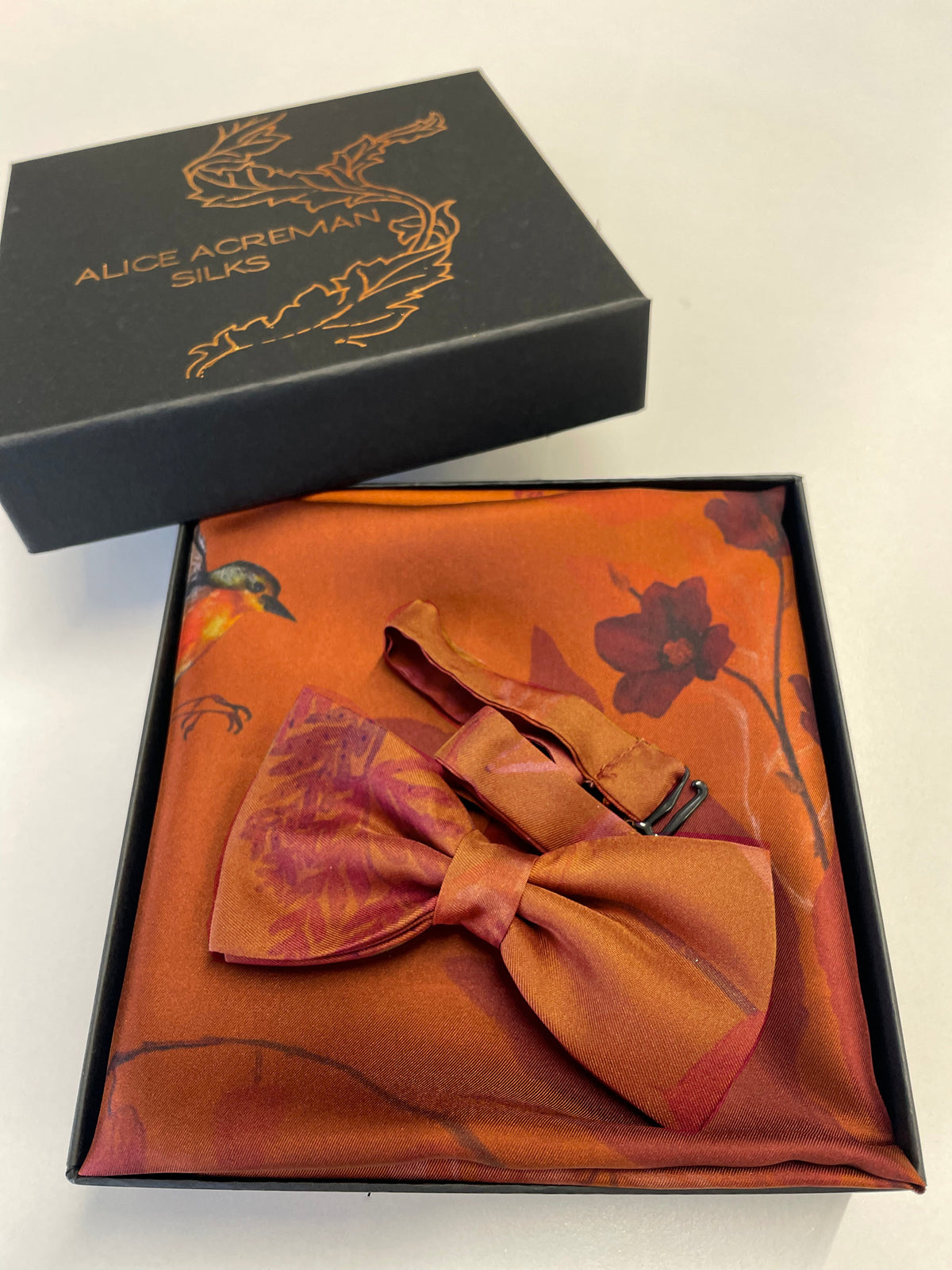 Rust floral Silk Pocket Square and Bow tie in 'Ember' robin print – view 3