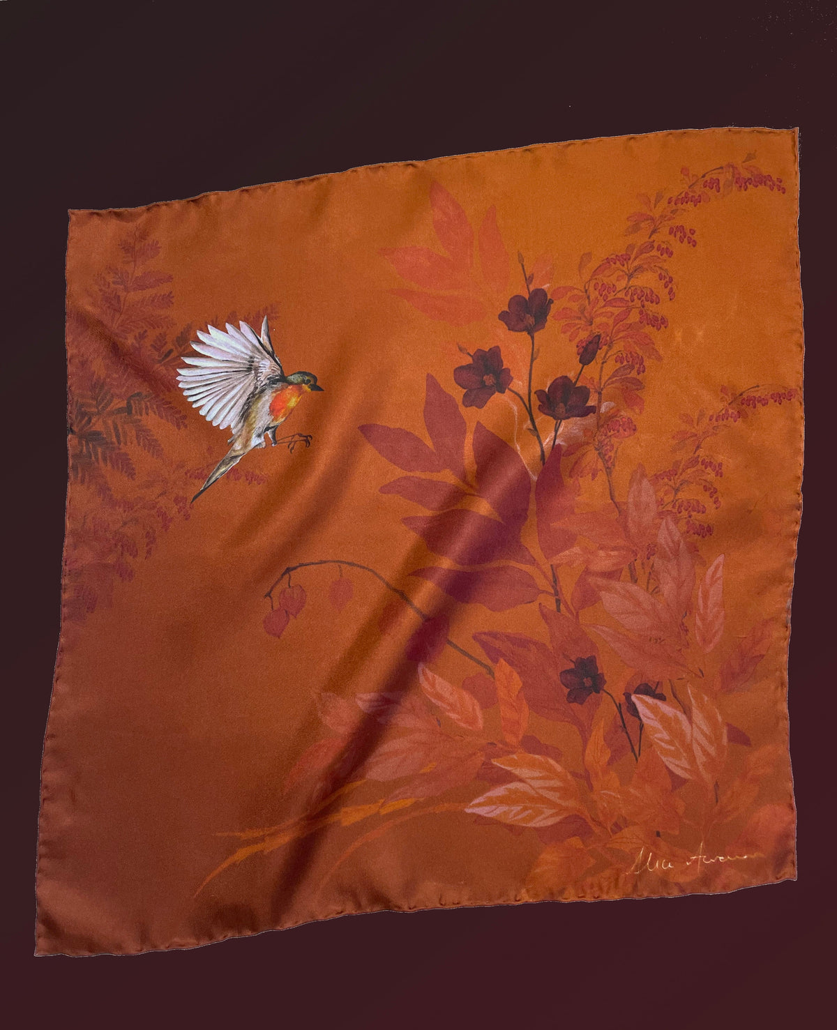 Rust floral Silk Pocket Square and Bow tie in 'Ember' robin print – view 7