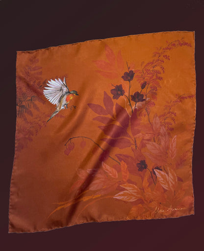 Rust floral Silk Pocket Square and Bow tie in 'Ember' robin print – view 7