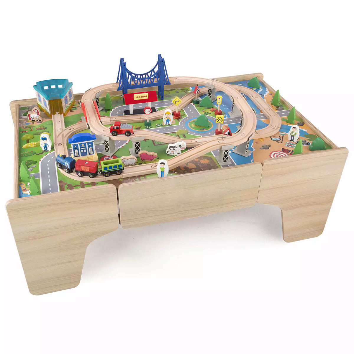 Wooden Train Track Set with Play Table & Storage - 80 Pieces