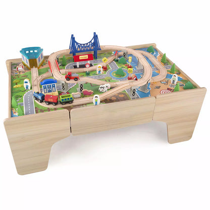 Wooden Train Track Set with Play Table & Storage - 80 Pieces