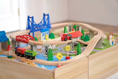 Wooden Train Track Set with Play Table & Storage - 80 Pieces