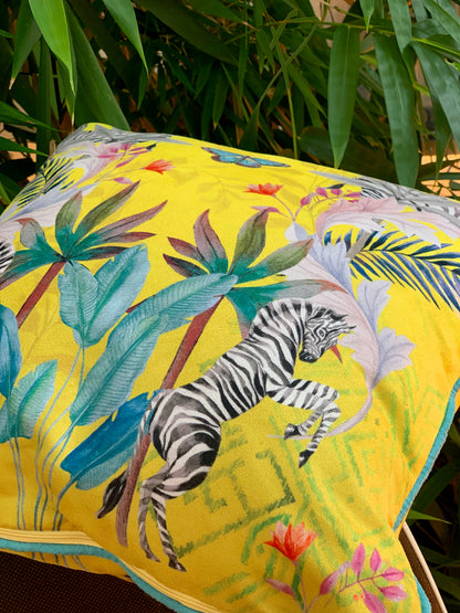 Vibrant citrus yellow watercolour art Cushion 'Stallion' double sided Zebra design, made from Vegan friendly S – view 5